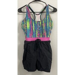 Vintage 80s/90's Neon Geometric Beach Swimsuit Shorts Romper Sz M Basic Editions